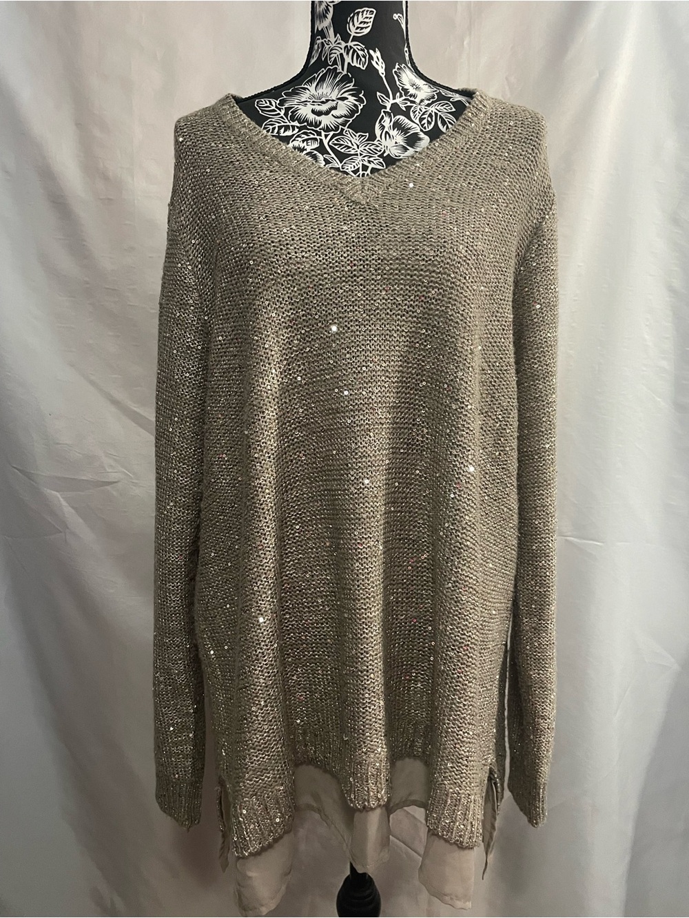 Faded Glory Taupe V-Neck Sequin Knit Sweater